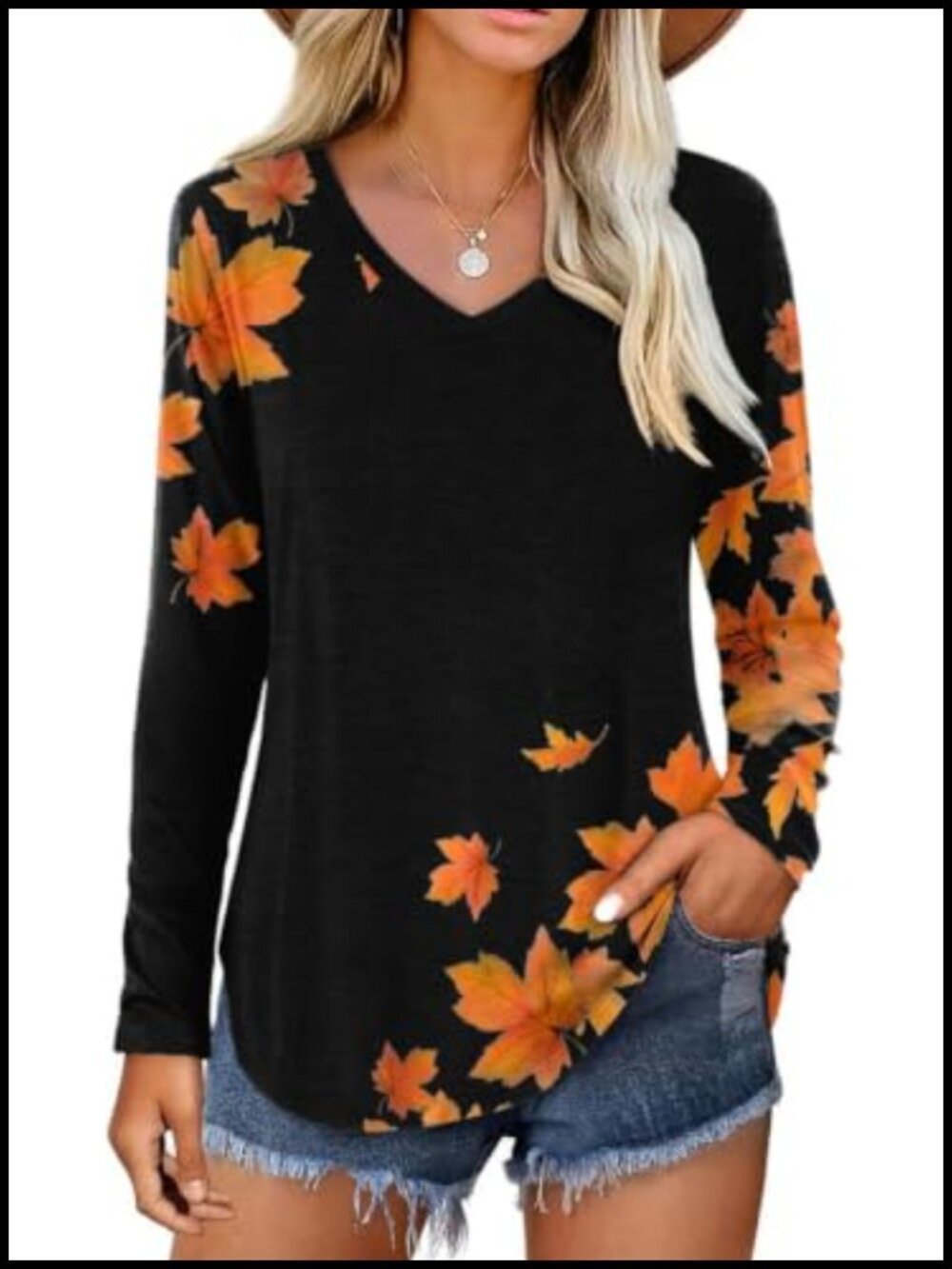Womens Fall Graphic Long Sleeve V-Neck T-Shirt Maple Leaf Pullover